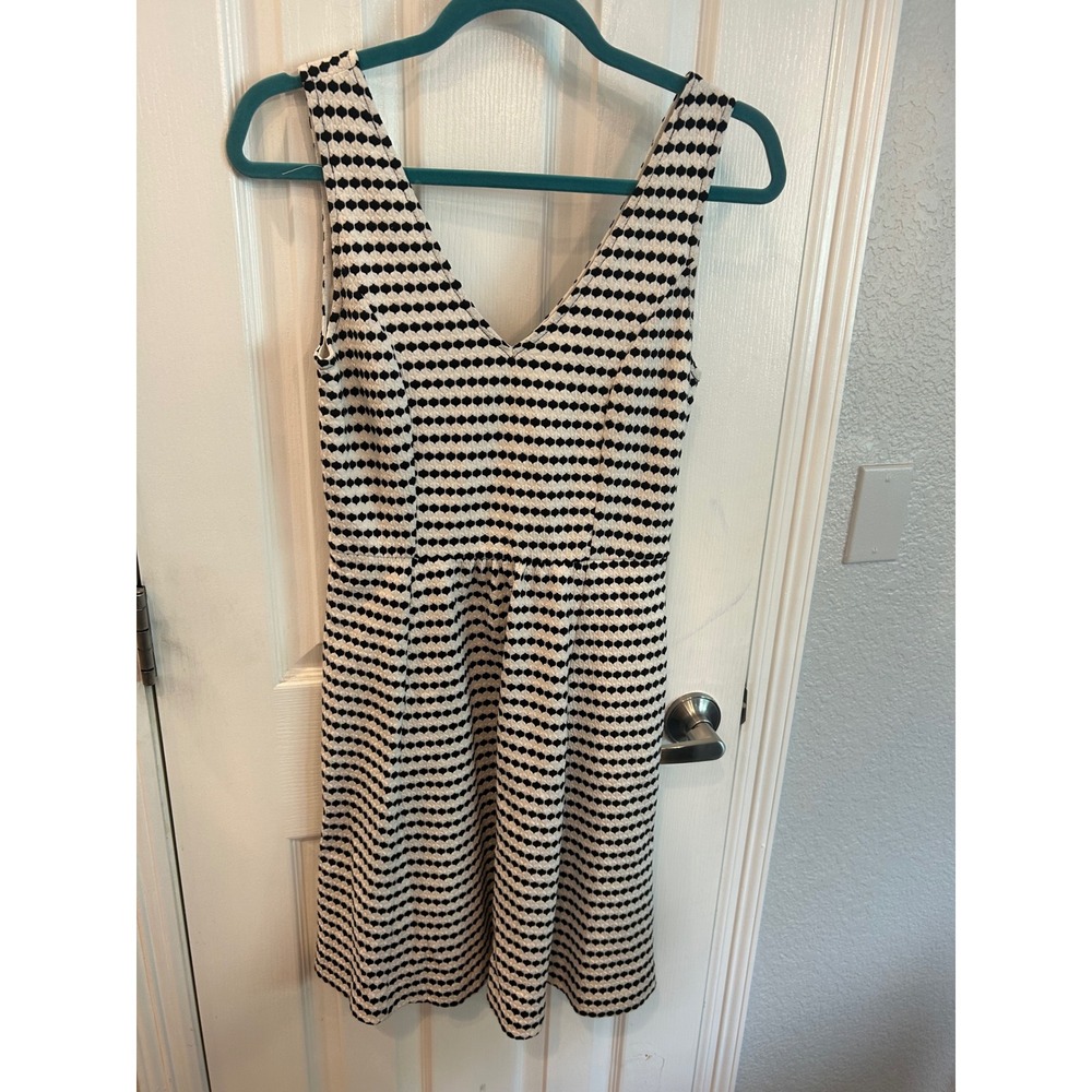 Maeve Anthropologie Dress Black White Geometric Cutout Back Fit Flare V-Neck‎ 8